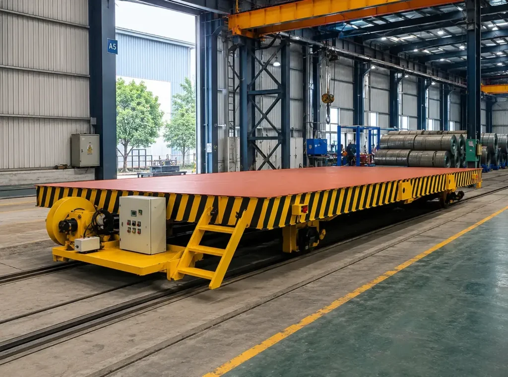 A transfer car on a rail used for transferring heavy objects on site