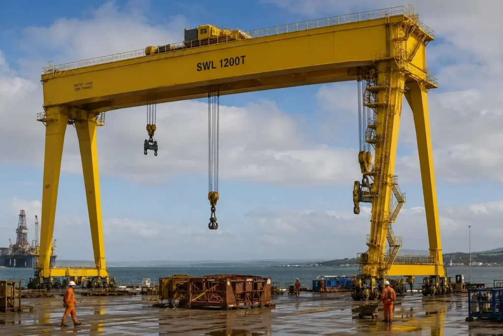 A big gantry crane in a coastal environment with people around working 