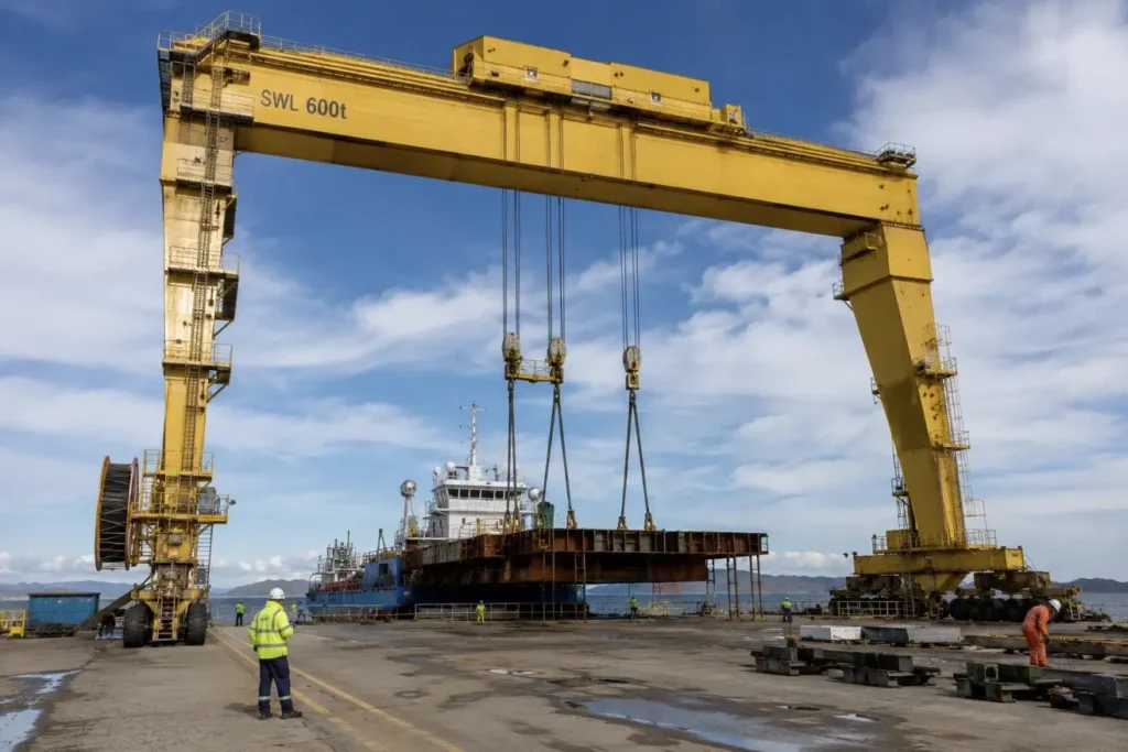 A big gantry outdoors for lifting heavy items at a coastal site