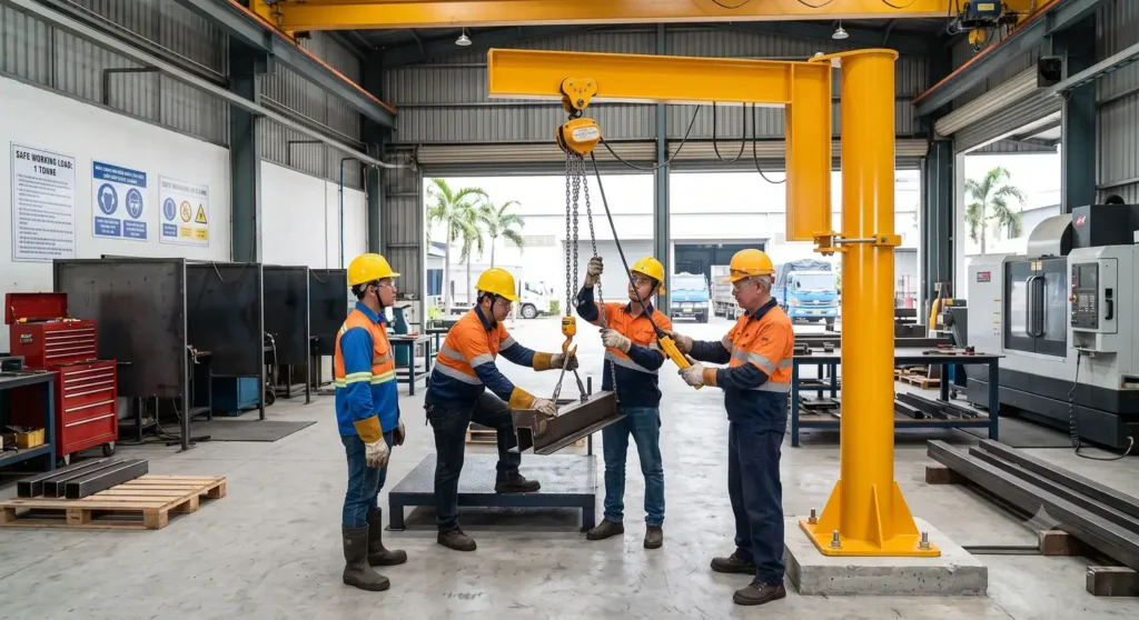Workers in the industrial facility are testing a pillar jib crane