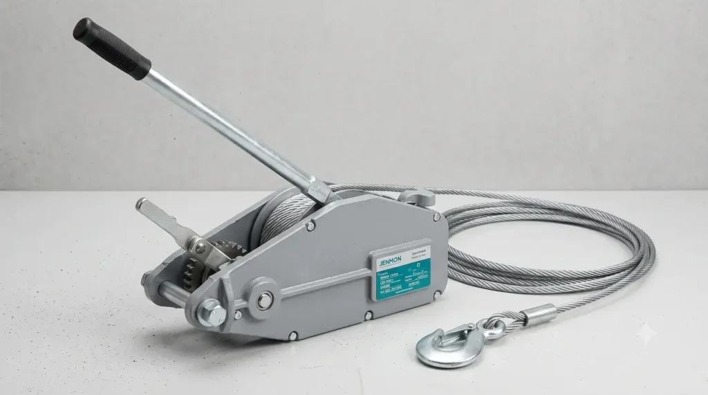 A heavy-duty manual wire rope hand winch with a steel cable and safety hook is displayed on a clean surface against a neutral background