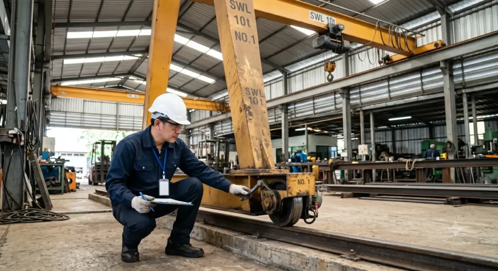 A worker conducting a crane safety inspection on site