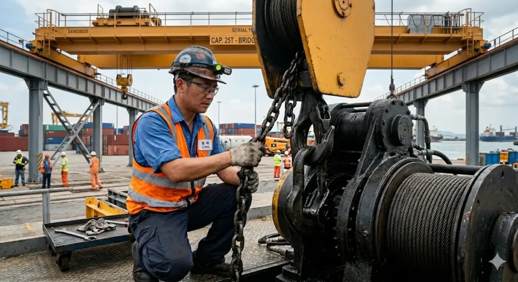 AI-generated man in uniform inspecting a crane component.