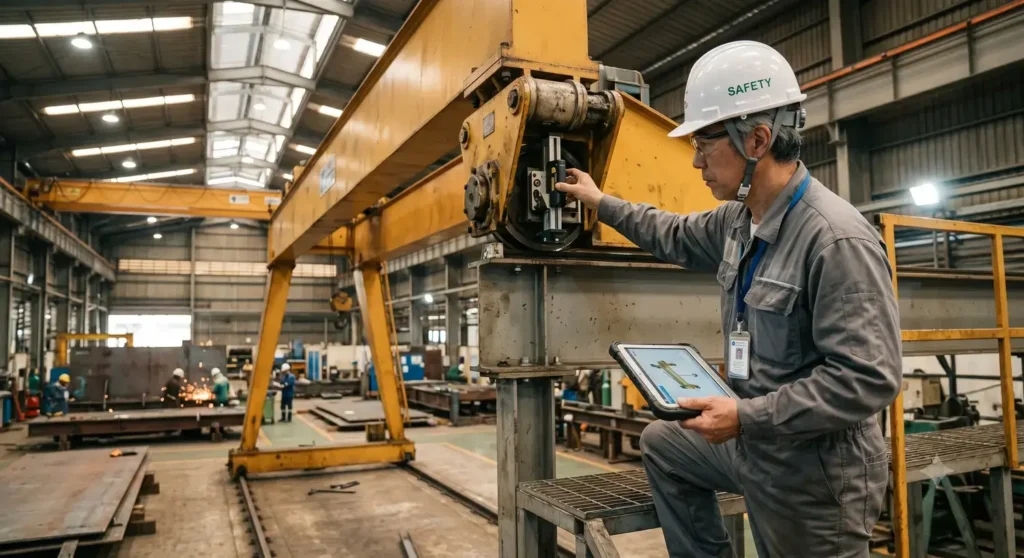 A semi-gantry crane used inside a facility to handle heavy lifting