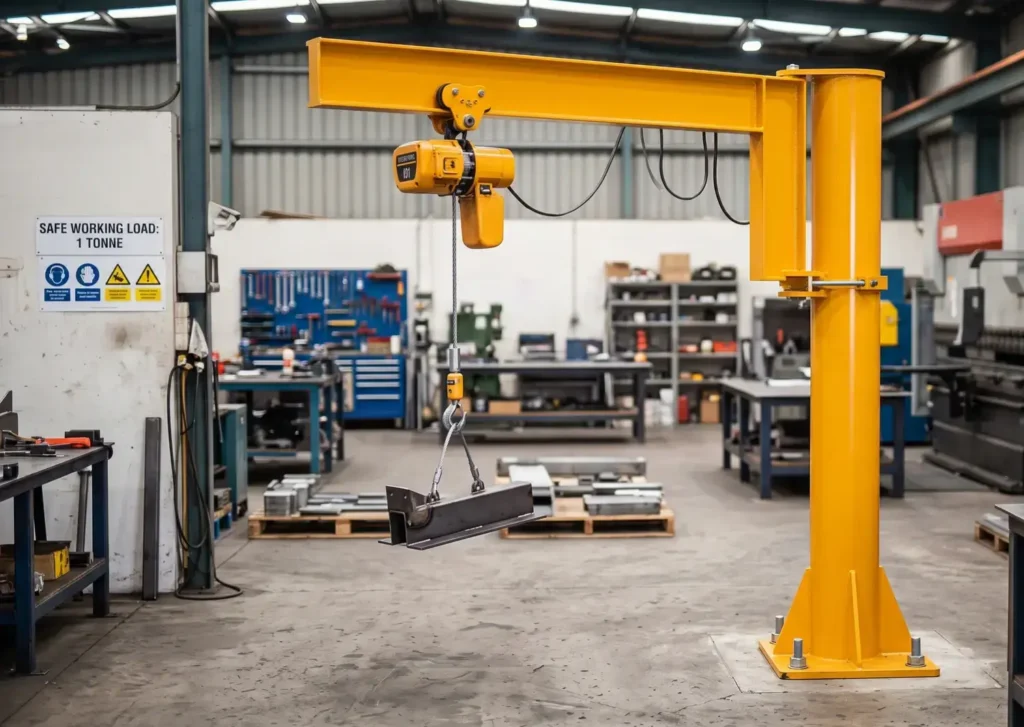 A pillar jib crane inside a facility