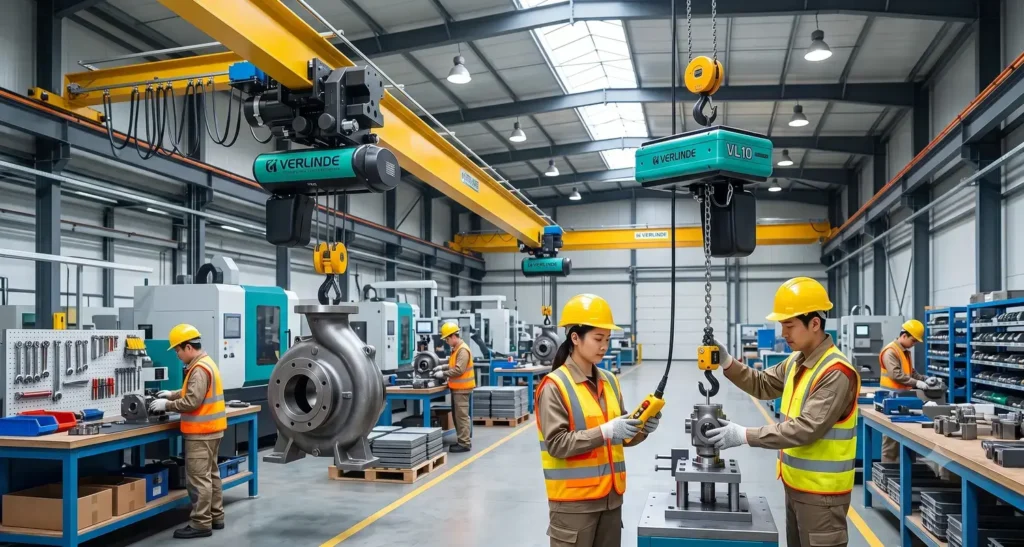 An AI-generated image of a facility that uses an electric chain hoist